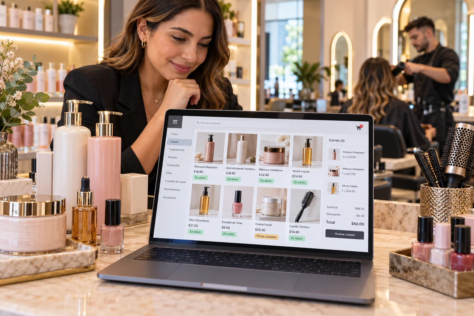 Catálogo de cosméticos y carrito de venta en un computador dentro de un salón de belleza
